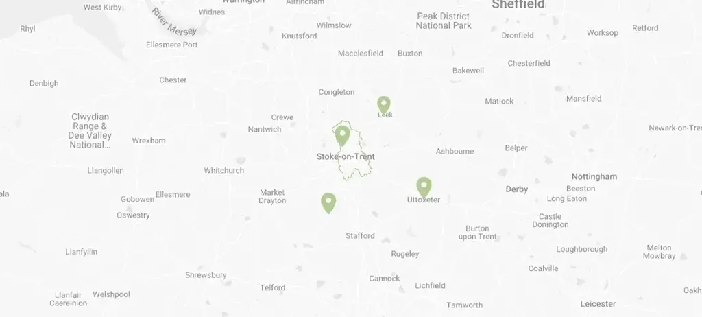 A regional map highlighting Stoke-on-Trent and surrounding areas with green location pins, illustrating the accessibility of a local solicitor for employment disputes and legal proceedings in Staffordshire.
